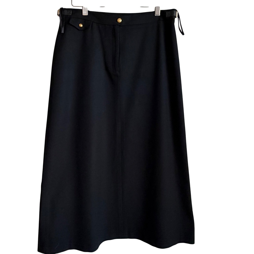 Lauren Ralph Lauren Soft Black Wool Midi Skirt Gold Crest Buttons leather strap
